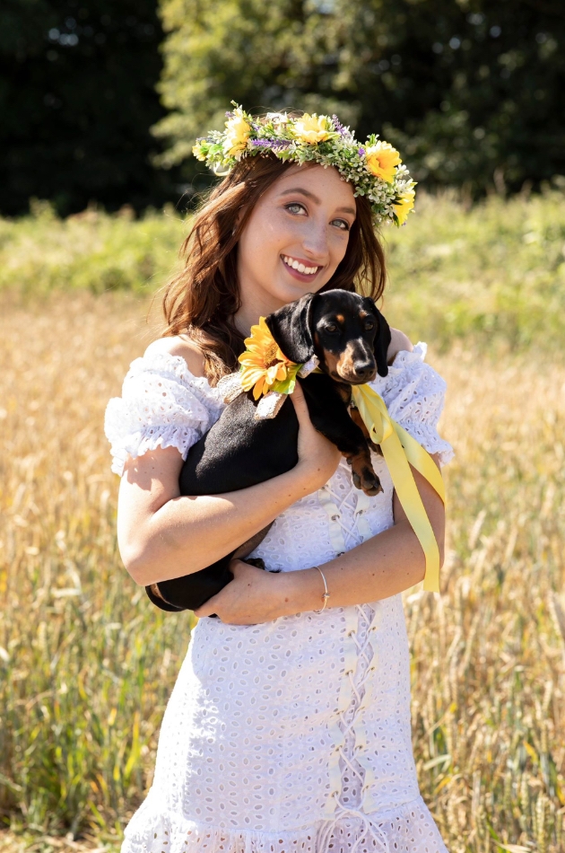 Bride with flower crown and dog