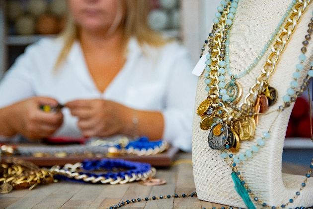 Jewellery on a display stand on a table at a Craft Fair