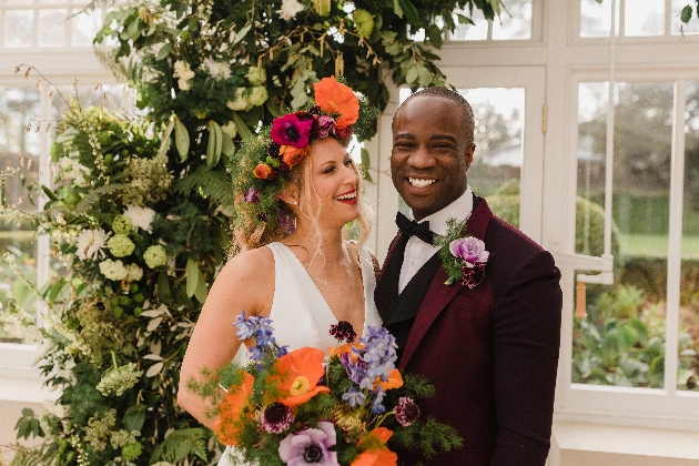 Bride and groom laughing