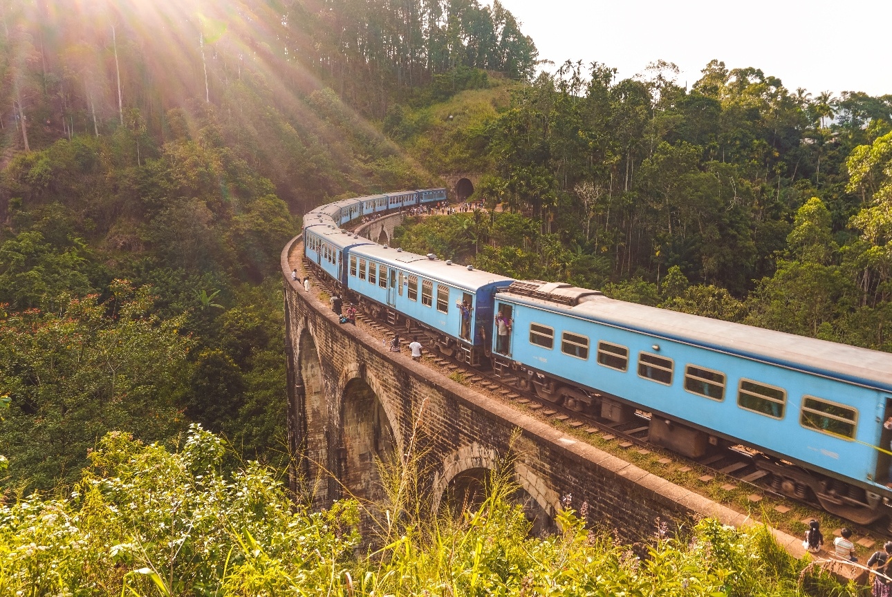 blue train travelling over stone bridge in forest