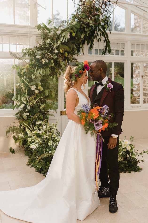 Bride and groom embracing