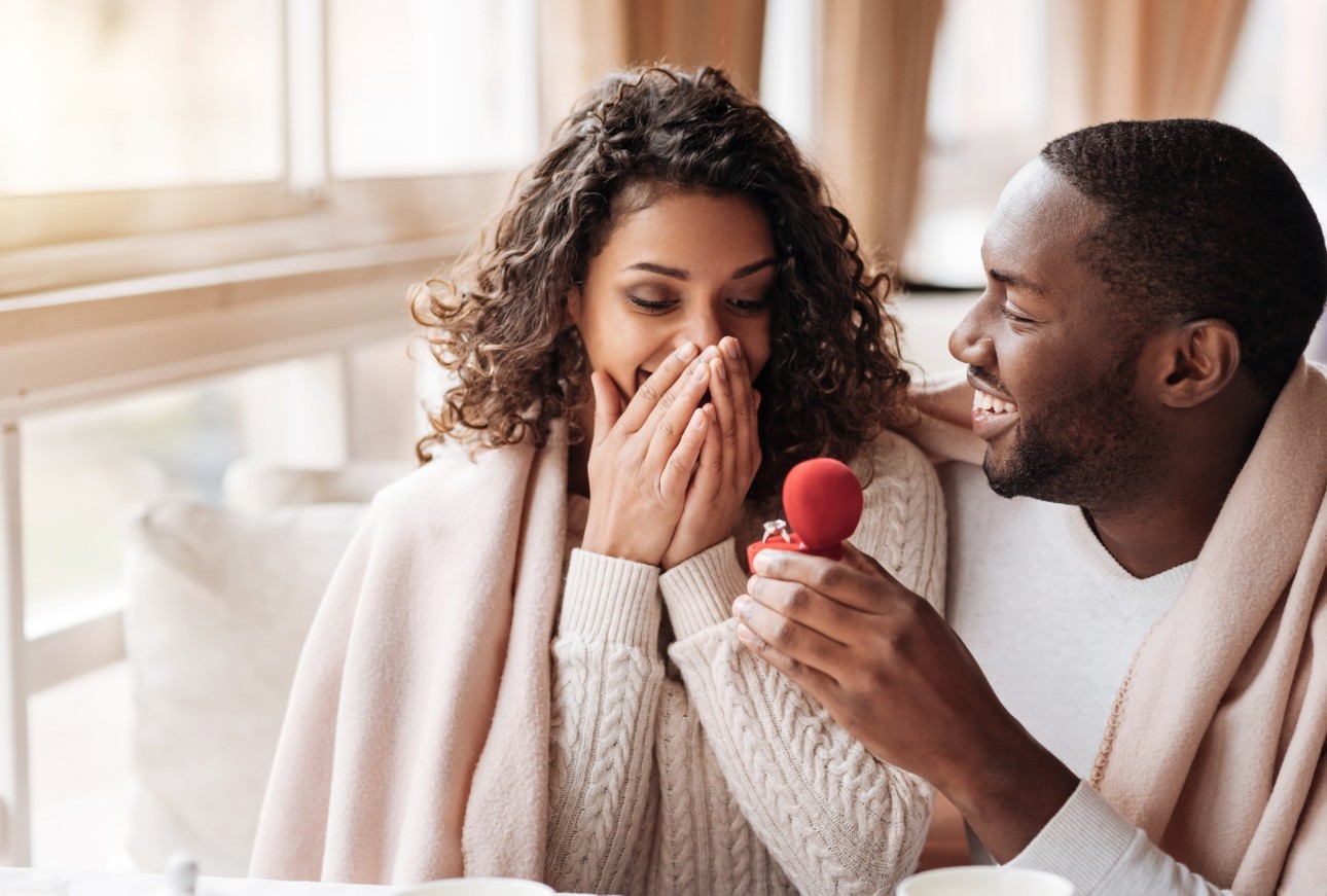 man proposing to woman with ring box