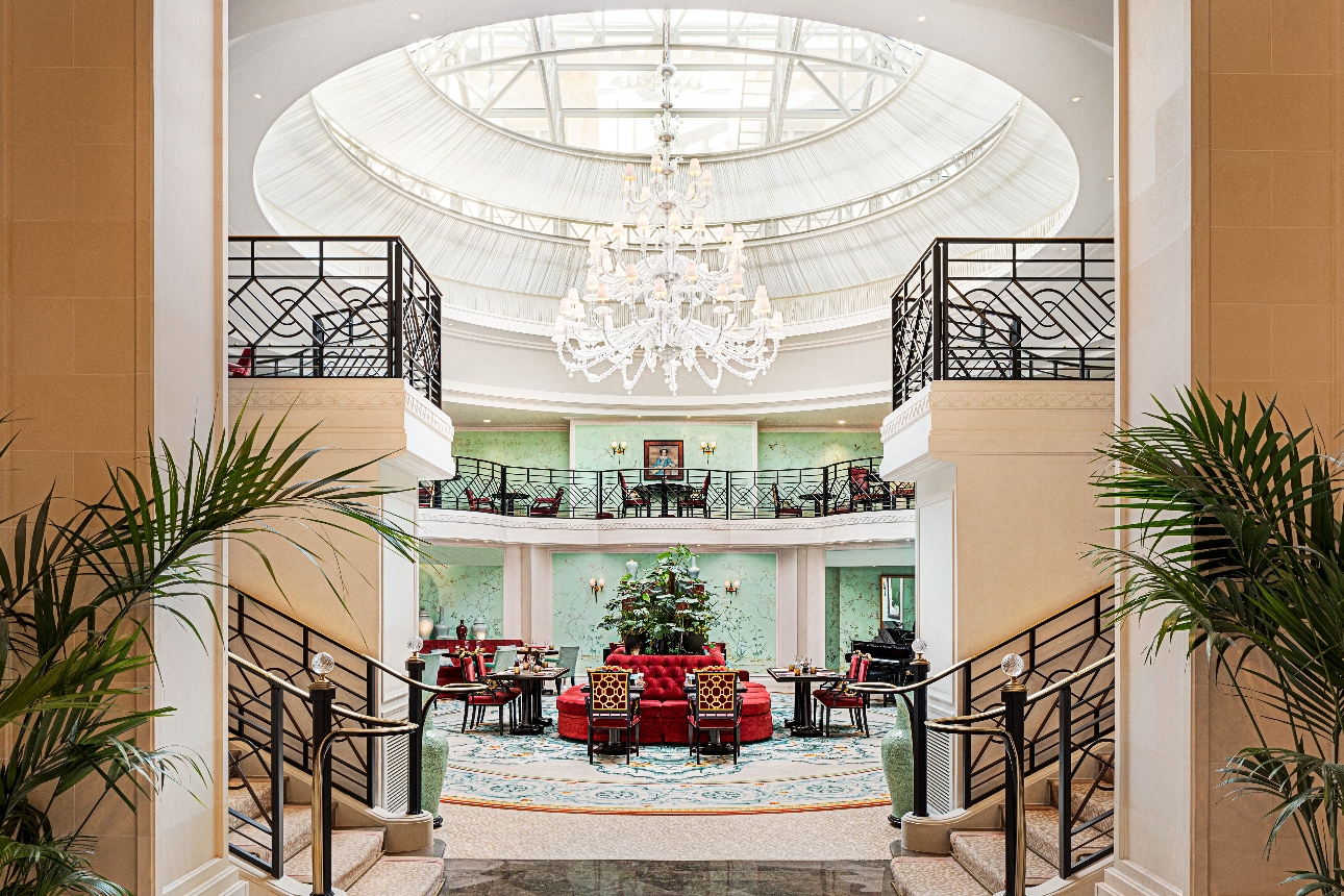 hotel reception, mezzanine floor, glass dome ceiling, chandelier