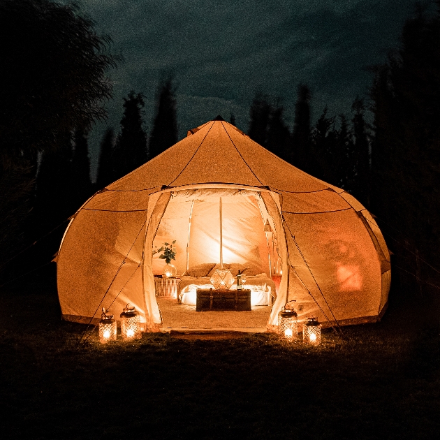 Glamping tent at night