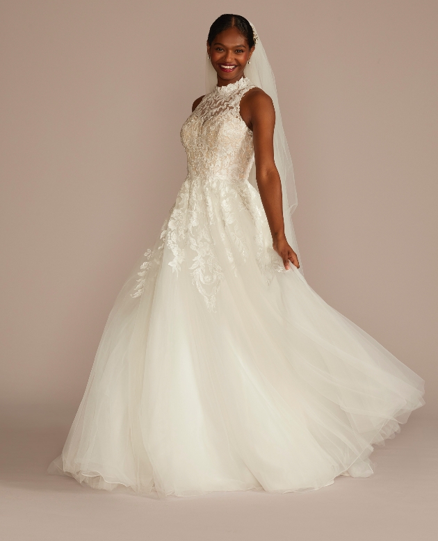 Halterneck wedding dress with lace effect by Oleg Cassini at David's Bridal