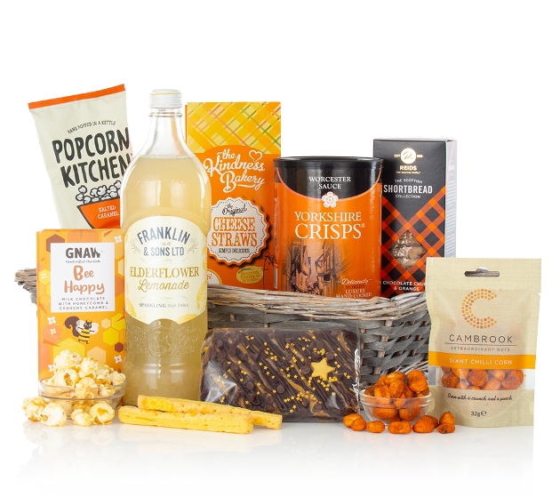 food and drink items in a hamper