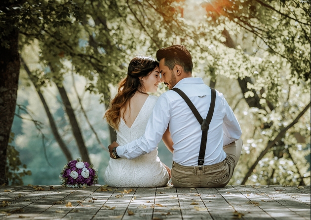 Bride and groom embracing