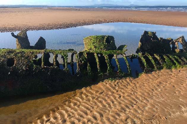 Wrecks of WW2 submarines stranded in sand in Aberlady Bay, East Lothian, Scotland