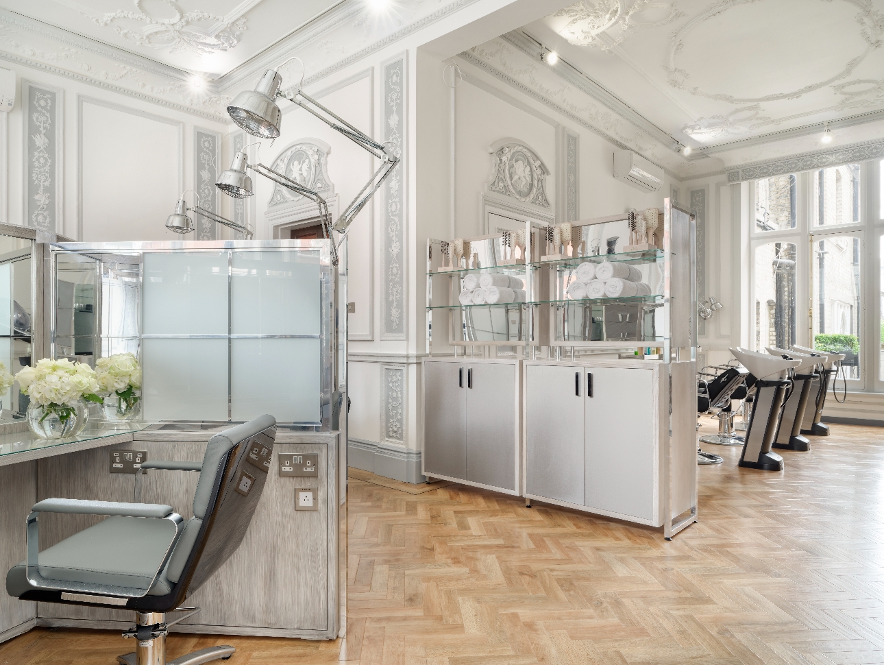 salon studio light and airy silver decor