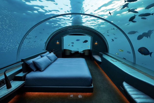 A bedroom in an underwater chamber