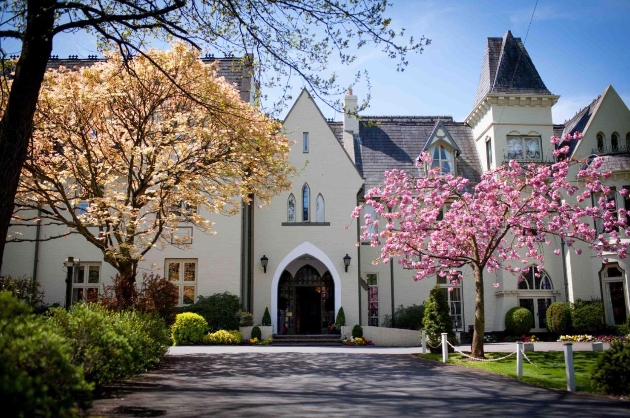 The exterior of a large white building surrounded by colourful trees