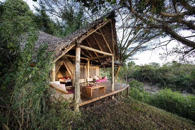 The exterior of a tree house nestled in the trees