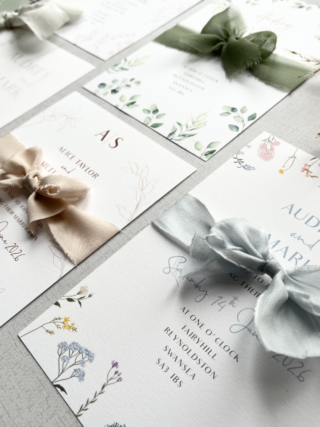 wedding invitations laid out on a table 