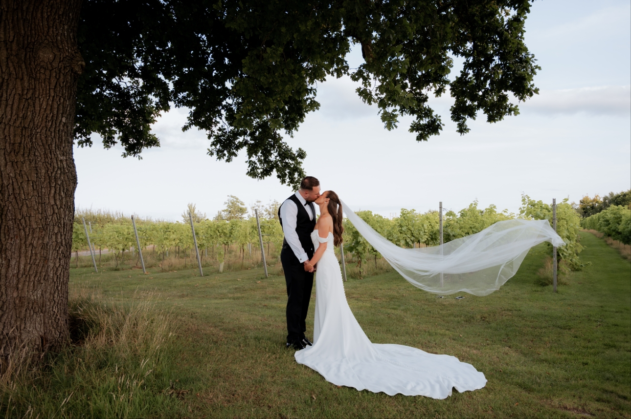A bride and groom kissing underneath a tree