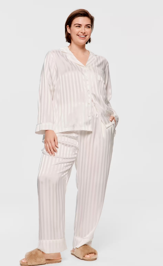 model in white satin striped PJS