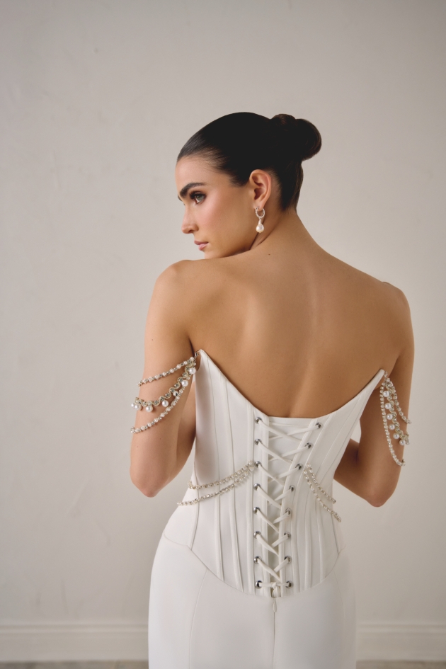 Matte Satin Fit & Flare Gown with Draped Beading & Corset Boning
