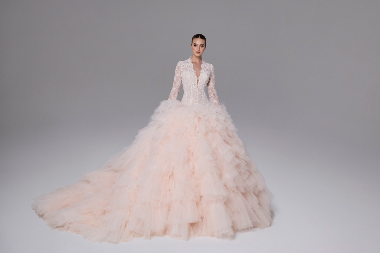 Layered Ball Gown Wedding Dress with Lace Bodice by Blanc