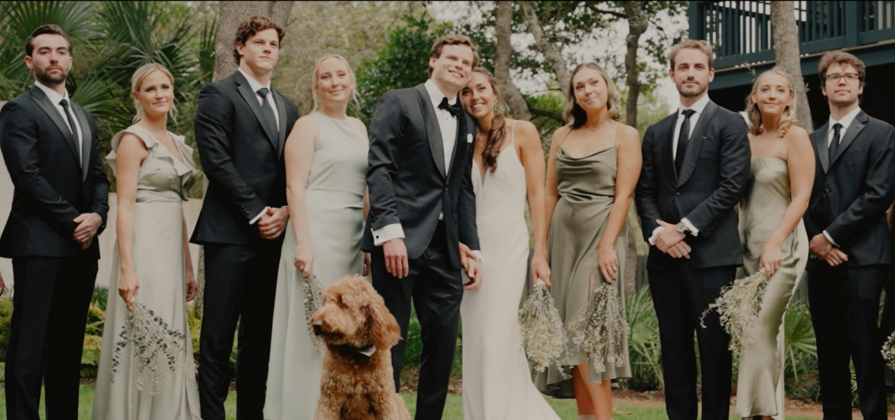 modern wedding party in picture with dog